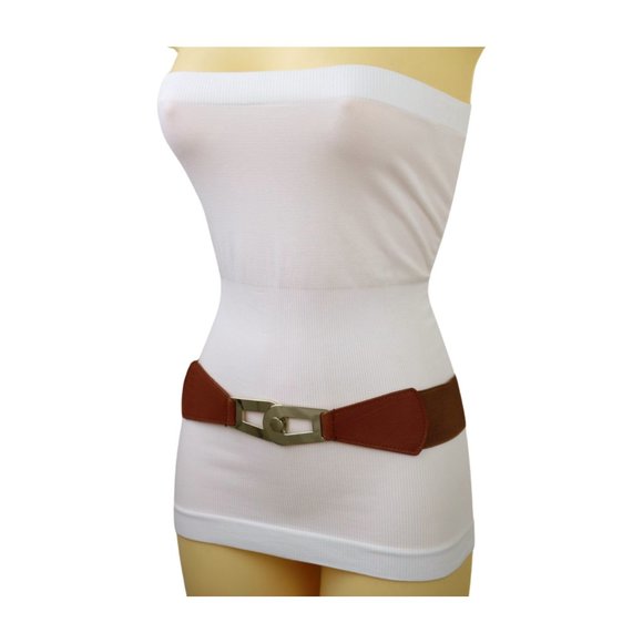 Women Brown Elastic Skinny Waistband Hip Waist Belt Gold Metal Buckle S M z046 - Picture 11 of 13